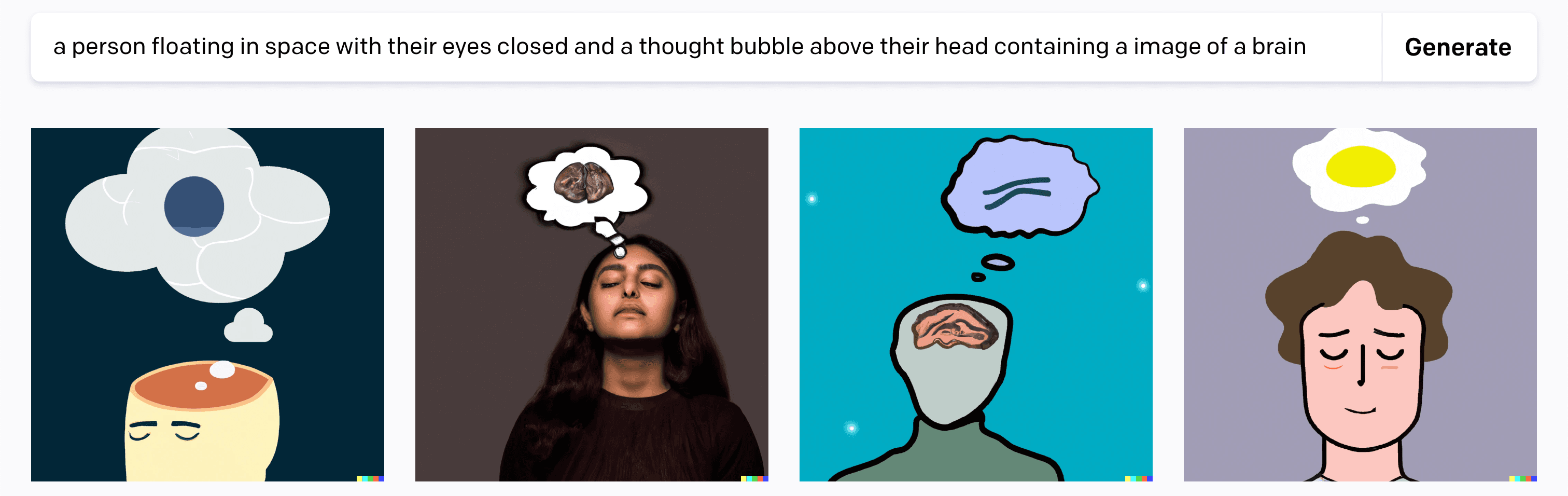 a person floating in space with their eyes closed and a thought bubble above their head containing a image of a brain